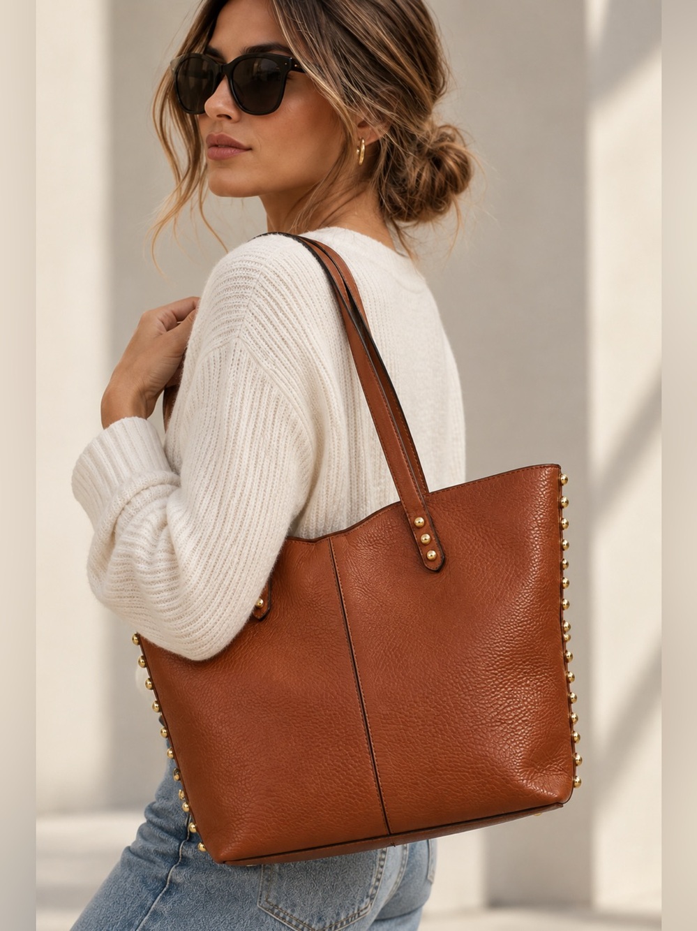 REBECCA MINKOFF BROWN PEBBLED LEATHER STUDDED TOTE
